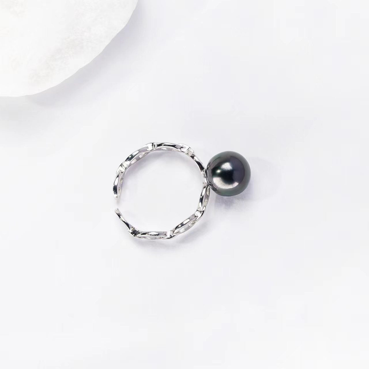 Black Freshwater Pearl Chain Band Ring S925 Sterling Silver Open Link