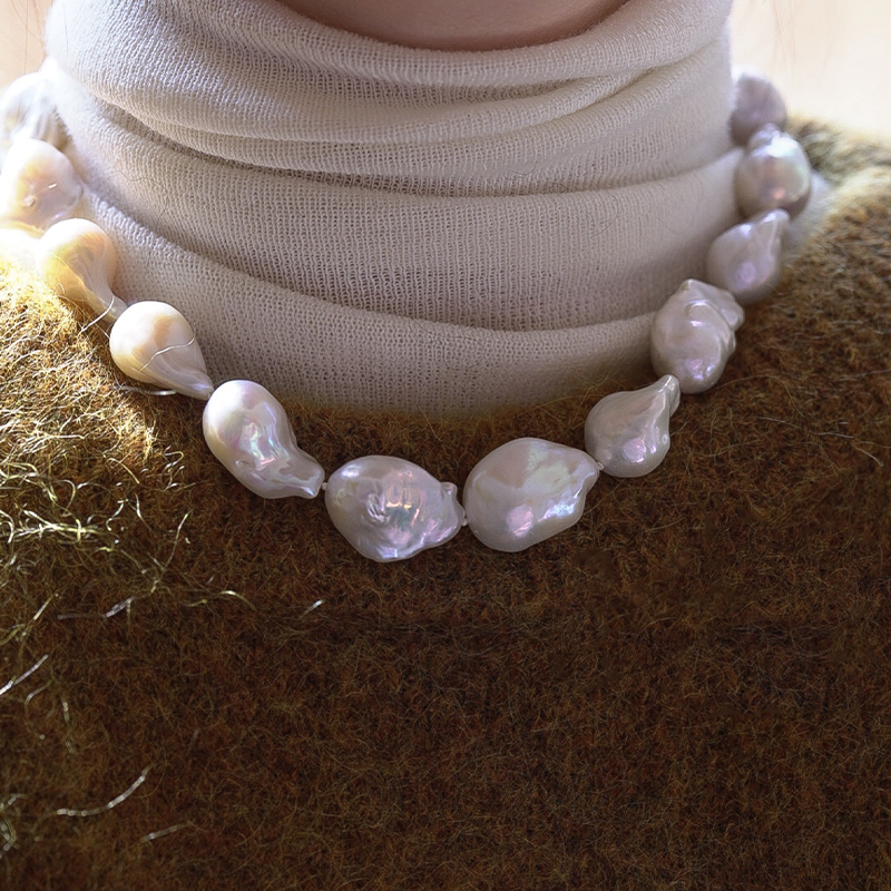 Vintage Boho 19-23mm Large Baroque Pearl Necklace Sterling Silver Clasp