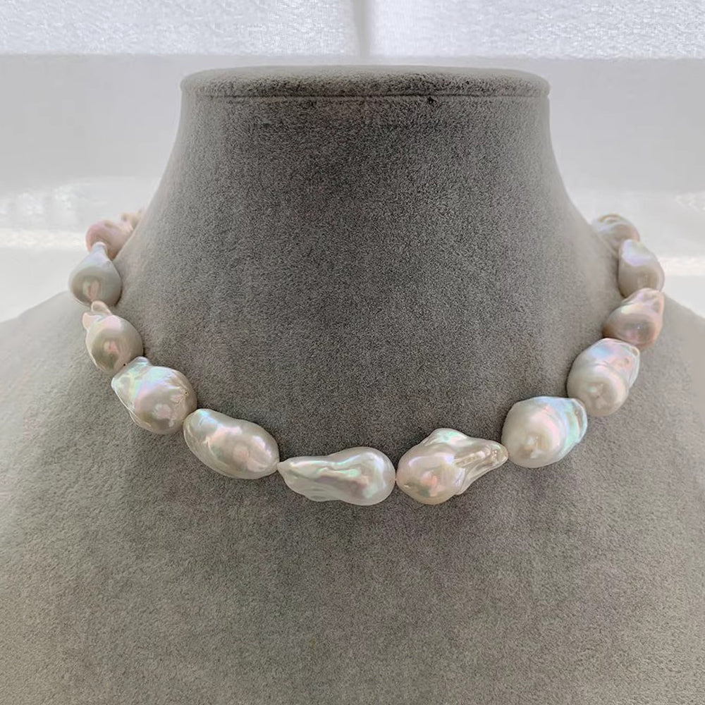 Vintage Boho 19-23mm Large Baroque Pearl Necklace Sterling Silver Clasp