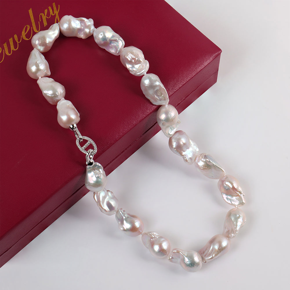 Vintage Boho 19-23mm Large Baroque Pearl Necklace Sterling Silver Clasp