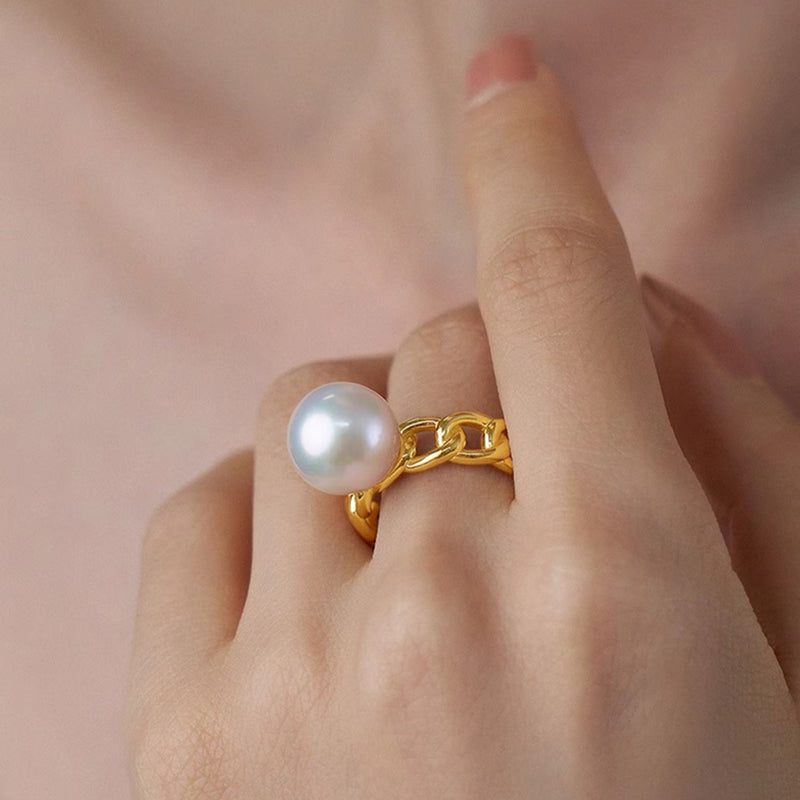 7.5-8mm White Freshwater Pearl Open Ring S925 Sterling Silver Chain Link