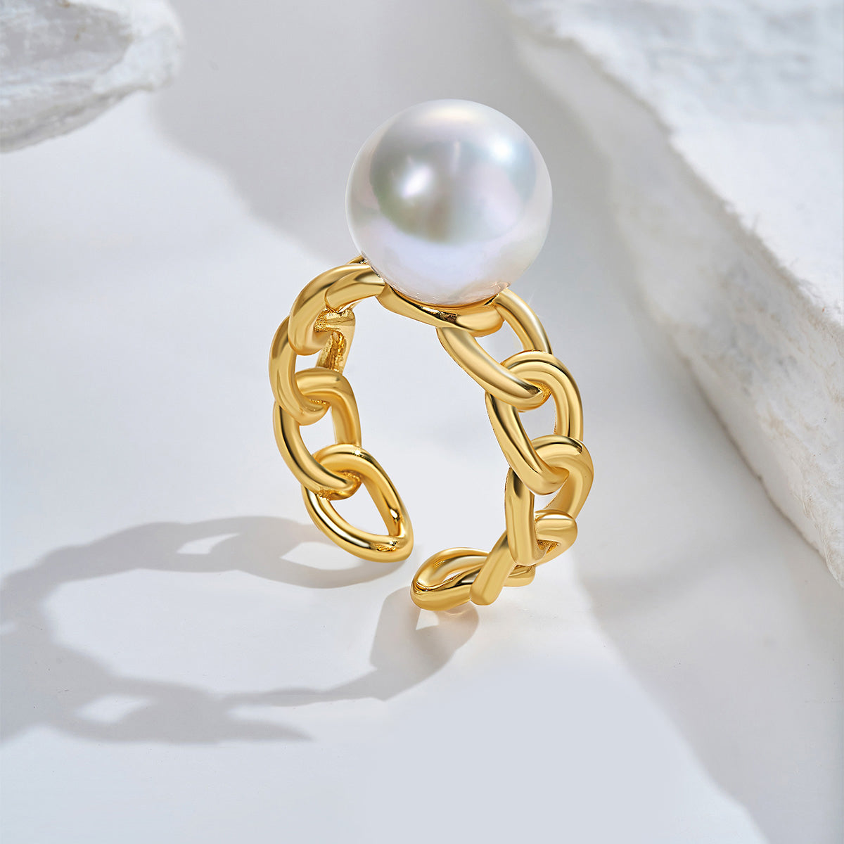 7.5-8mm White Freshwater Pearl Open Ring S925 Sterling Silver Chain Link