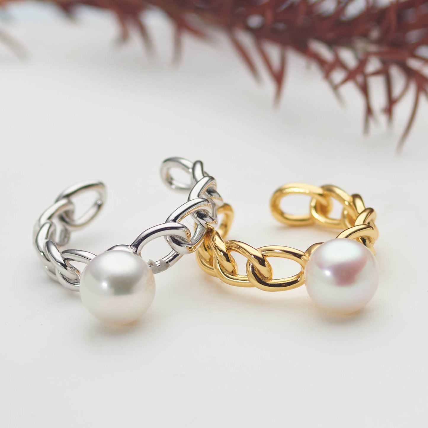 7.5-8mm White Freshwater Pearl Open Ring S925 Sterling Silver Chain Link