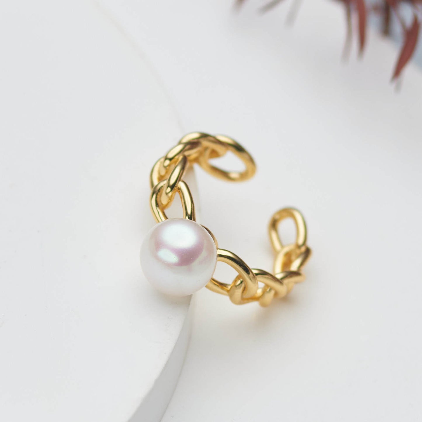 7.5-8mm White Freshwater Pearl Open Ring S925 Sterling Silver Chain Link