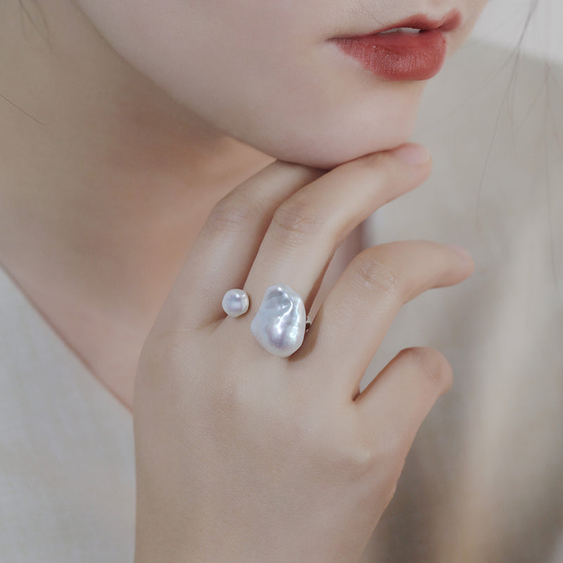 Double Baroque Pearl Open Ring S925 Sterling Silver