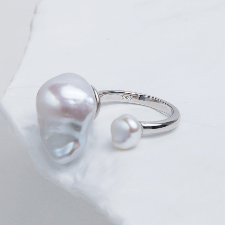 Double Baroque Pearl Open Ring S925 Sterling Silver
