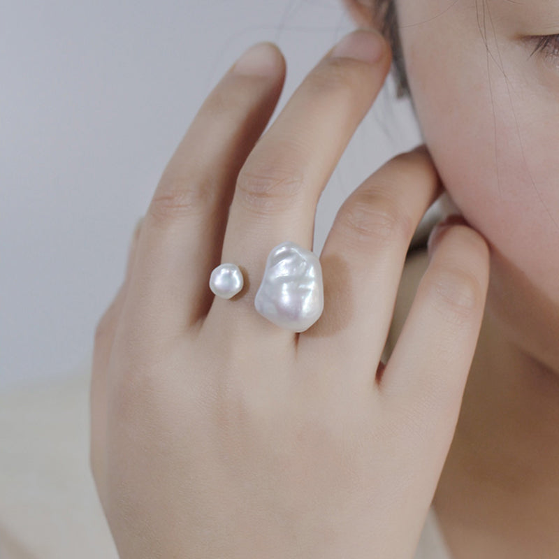 Double Baroque Pearl Open Ring S925 Sterling Silver