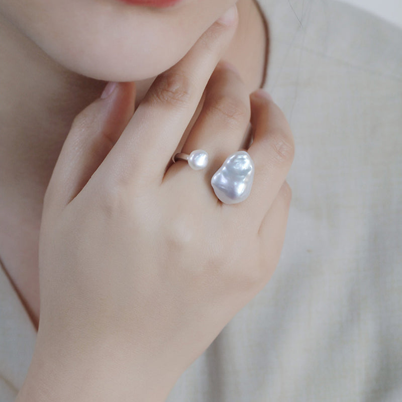Double Baroque Pearl Open Ring S925 Sterling Silver