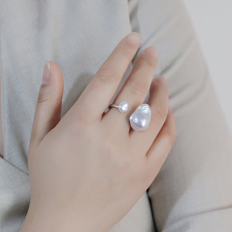 Double Baroque Pearl Open Ring S925 Sterling Silver