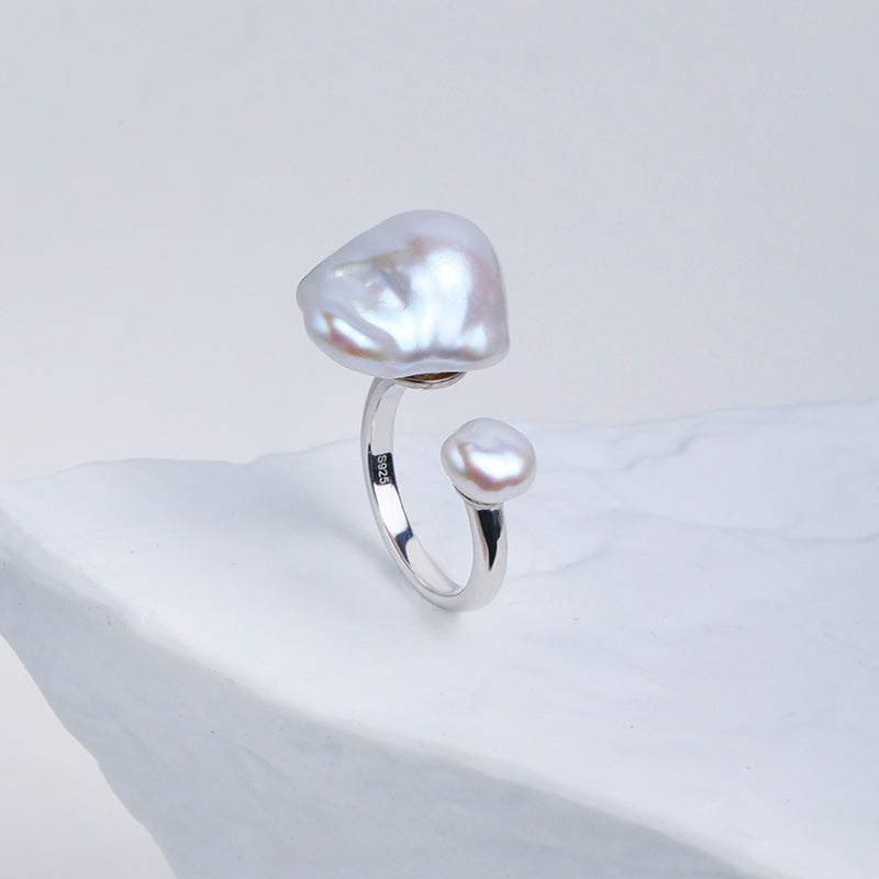 Double Baroque Pearl Open Ring S925 Sterling Silver