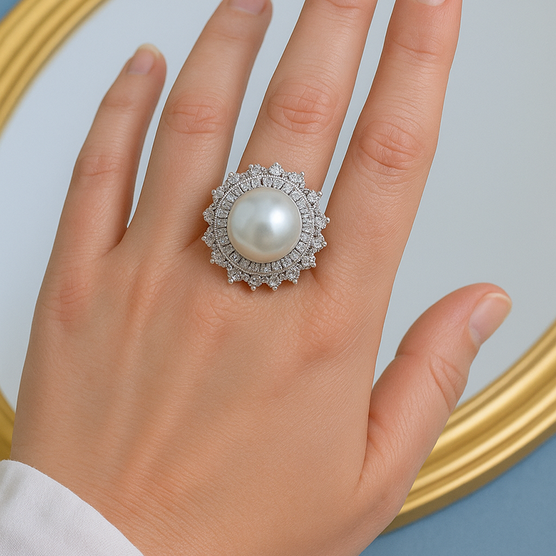 Luxury 14mm White Freshwater Pearl and Cultured Diamond Ring