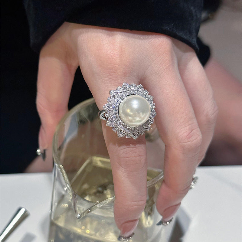 Luxury 14mm White Freshwater Pearl and Cultured Diamond Ring