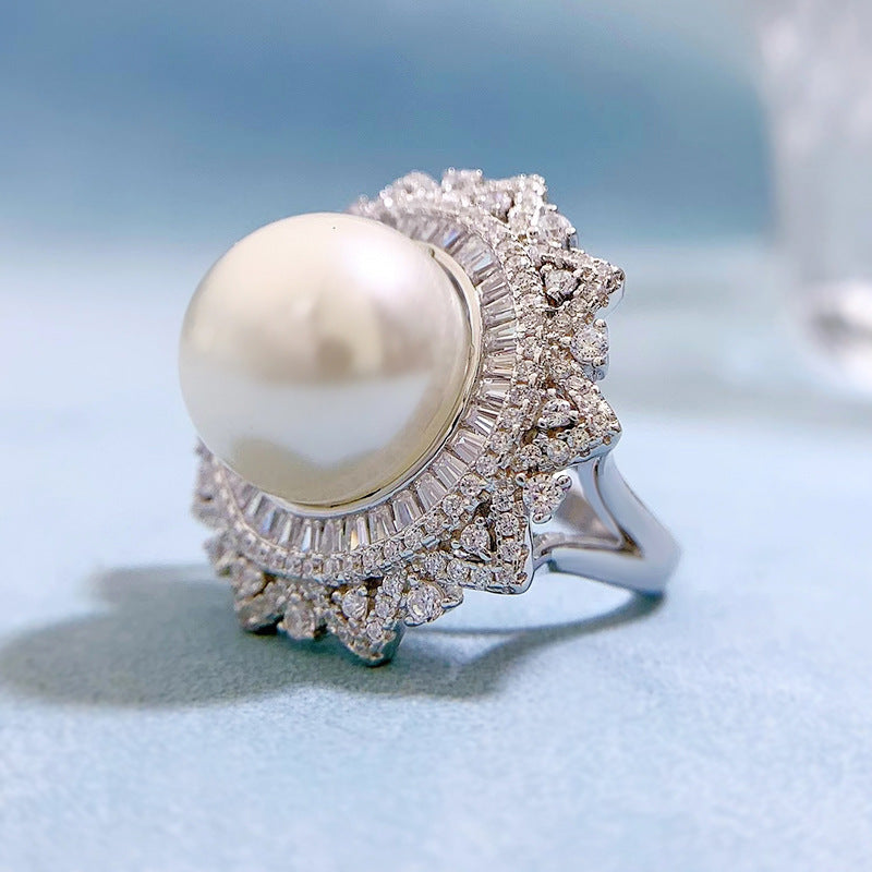 Luxury 14mm White Freshwater Pearl and Cultured Diamond Ring