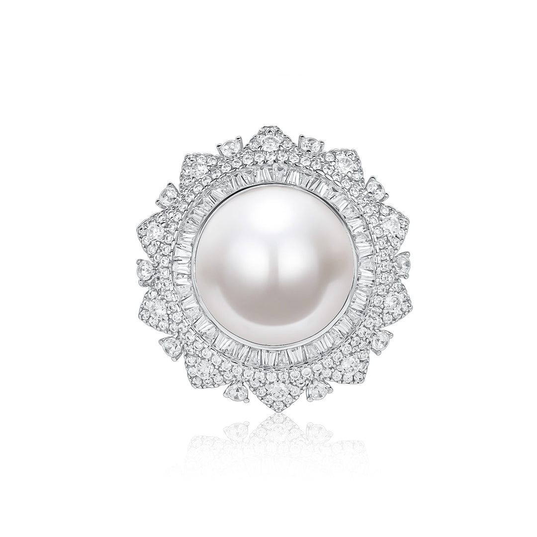 Luxury 14mm White Freshwater Pearl and Cultured Diamond Ring