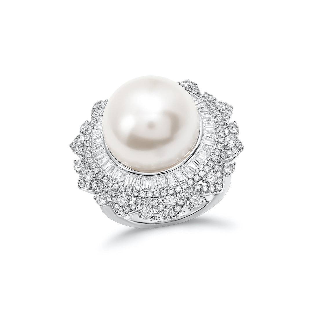 Luxury 14mm White Freshwater Pearl and Cultured Diamond Ring
