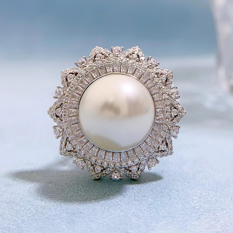 Luxury 14mm White Freshwater Pearl and Cultured Diamond Ring