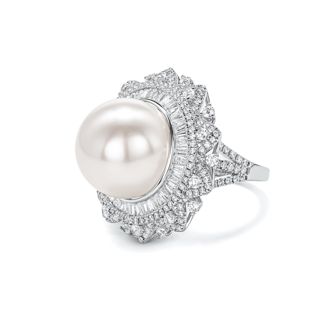 Luxury 14mm White Freshwater Pearl and Cultured Diamond Ring