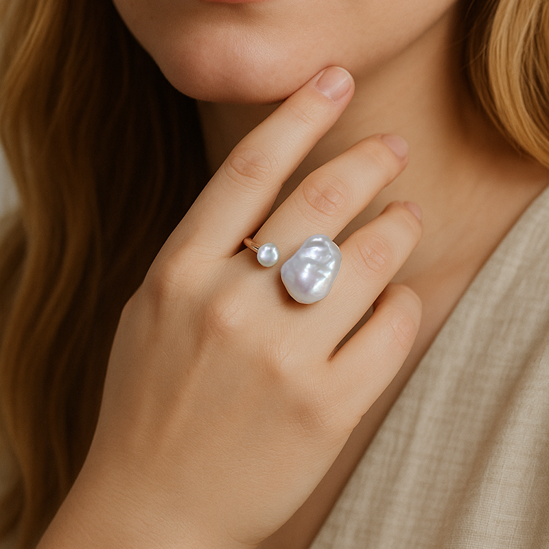 Double Baroque Pearl Open Ring S925 Sterling Silver