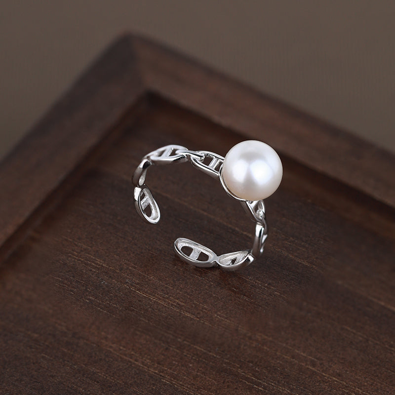 7.5-8mm White Freshwater Pearl Open Ring S925 Sterling Silver Chain Link