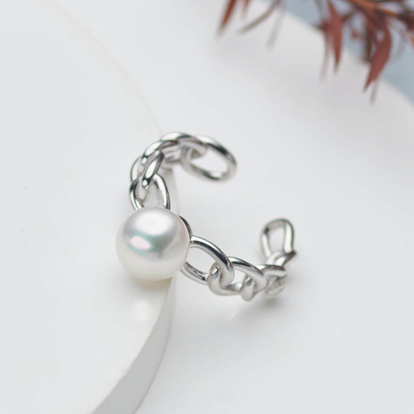 7.5-8mm White Freshwater Pearl Open Ring S925 Sterling Silver Chain Link