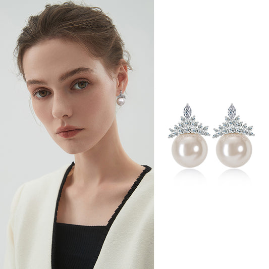 9-10mm Freshwater Pearl Drop Earrings with Crystal Crown S925 Sterling Silver