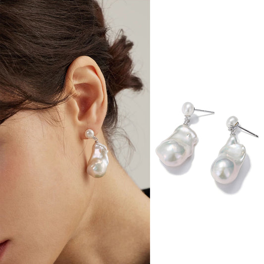 Large Baroque Freshwater Pearl Drop Earrings S925 Sterling Silver