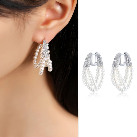 Triple Strand Pearl Hoop Earrings Crystal-Embellished