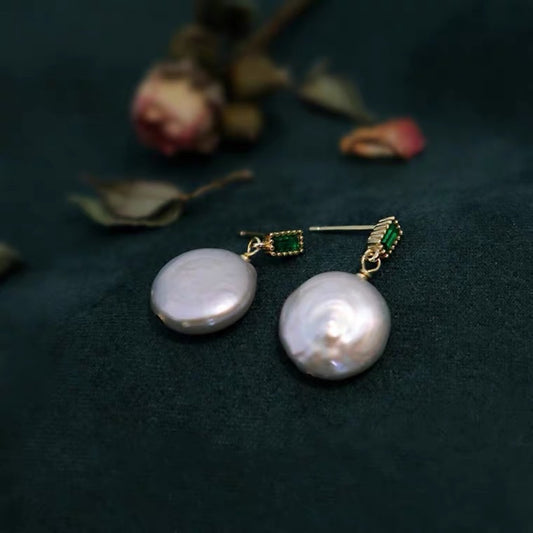 Baroque Freshwater Pearl Drop Earrings with Green Crystal Stud