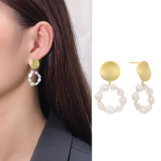 Baroque Pearl Hoop Drop Earrings Matte Gold Disc Studs