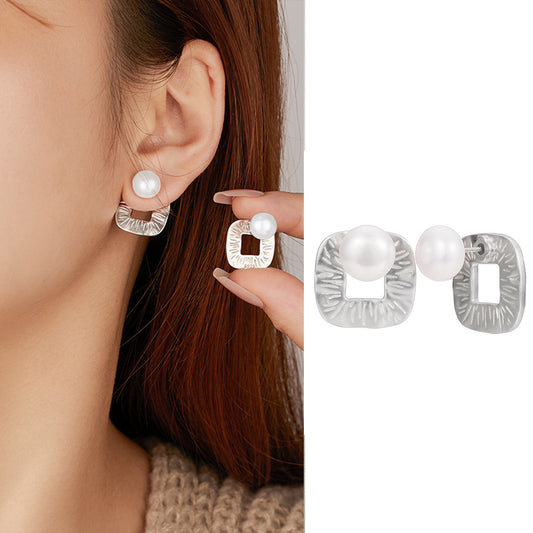 Modern Pearl Stud Earrings with Textured Silver Geometric Drop