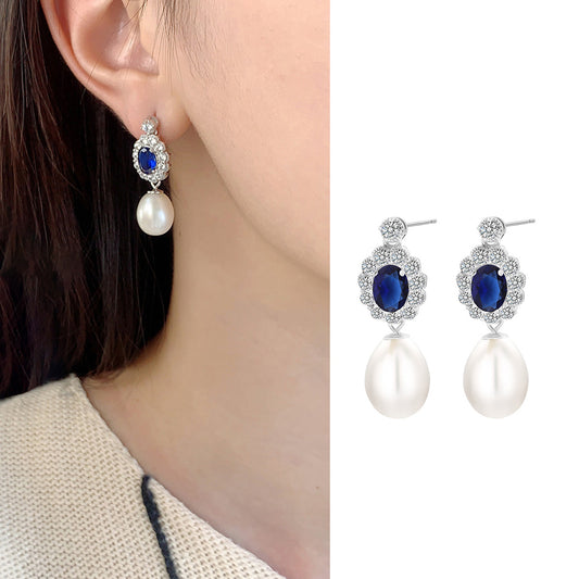 Teardrop Pearl Drop Earrings with Sapphire Crystal Halo S925 Sterling Silver