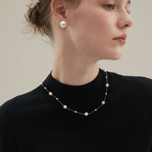 Elegant Station Freshwater Pearl Necklace 925 Sterling Silver Chain