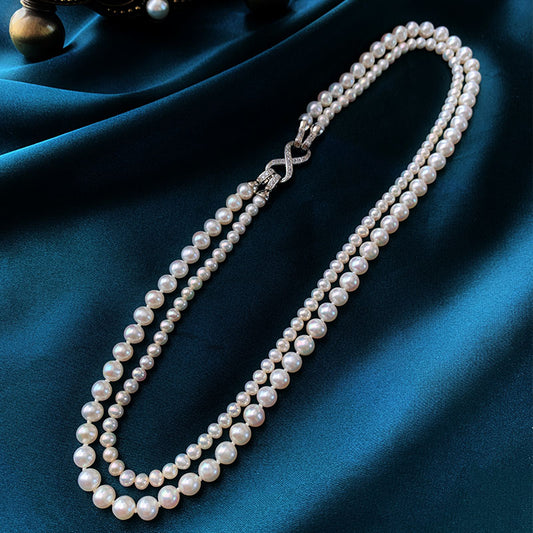 Double-Strand Freshwater Pearl Necklace with Pave Crystal Clasp