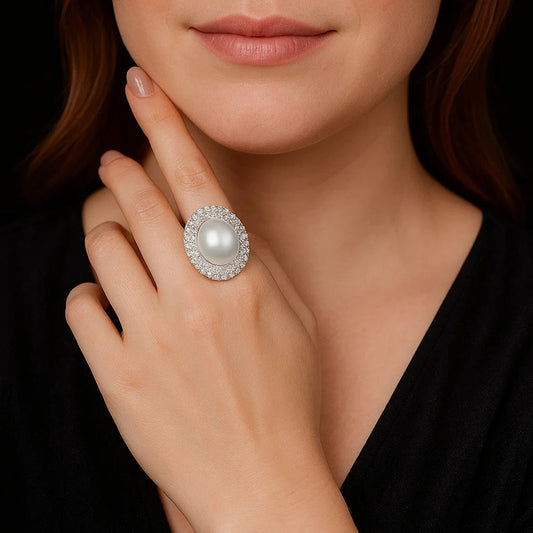 Statement 10-11mm White Freshwater Pearl Diamond Cocktail Ring