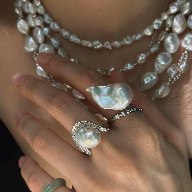 Baroque Pearl & Diamond Curve Ring S925 Sterling Silver Open Design