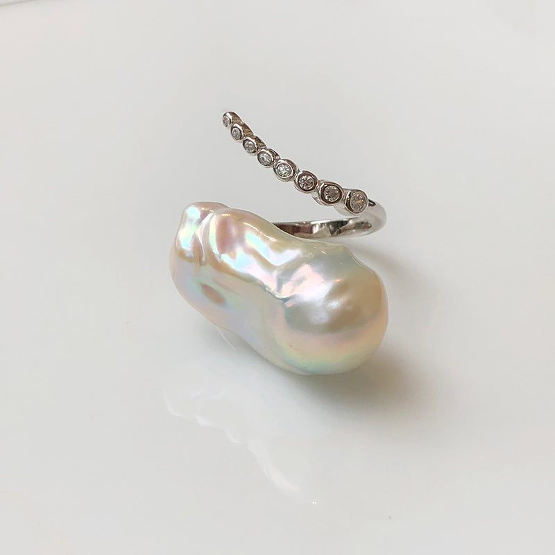 Baroque Pearl & Diamond Curve Ring S925 Sterling Silver Open Design