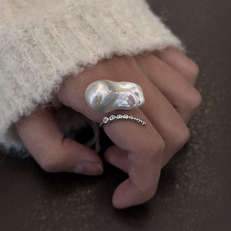Baroque Pearl & Diamond Curve Ring S925 Sterling Silver Open Design