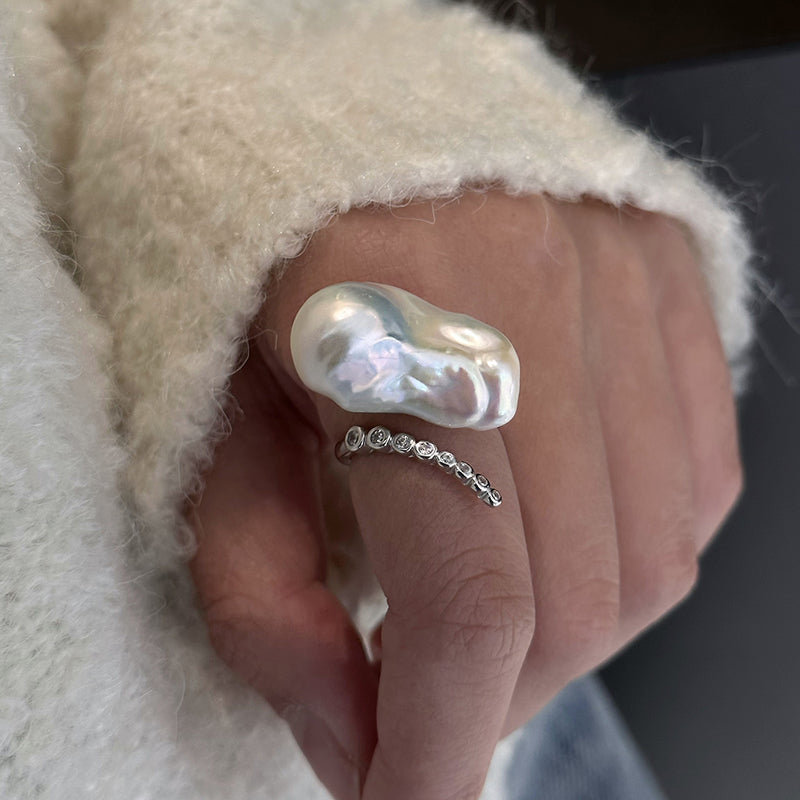 Baroque Pearl & Diamond Curve Ring S925 Sterling Silver Open Design