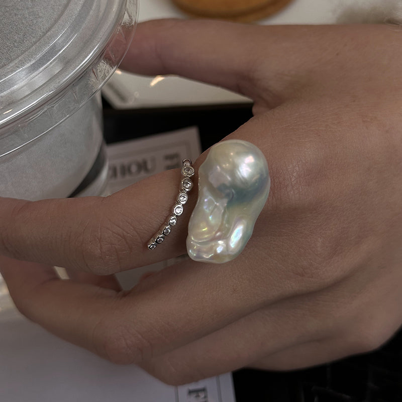 Baroque Pearl & Diamond Curve Ring S925 Sterling Silver Open Design