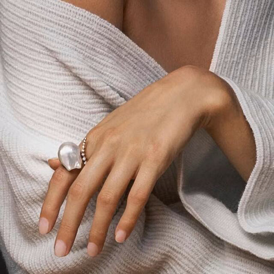 Baroque Pearl & Diamond Curve Ring S925 Sterling Silver Open Design