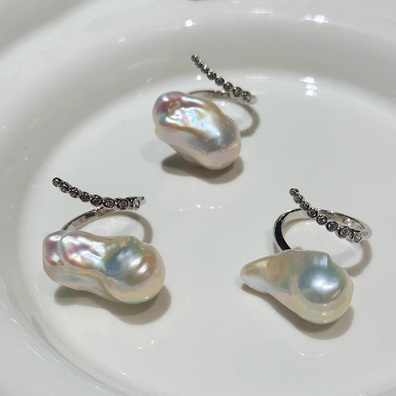 Baroque Pearl & Diamond Curve Ring S925 Sterling Silver Open Design