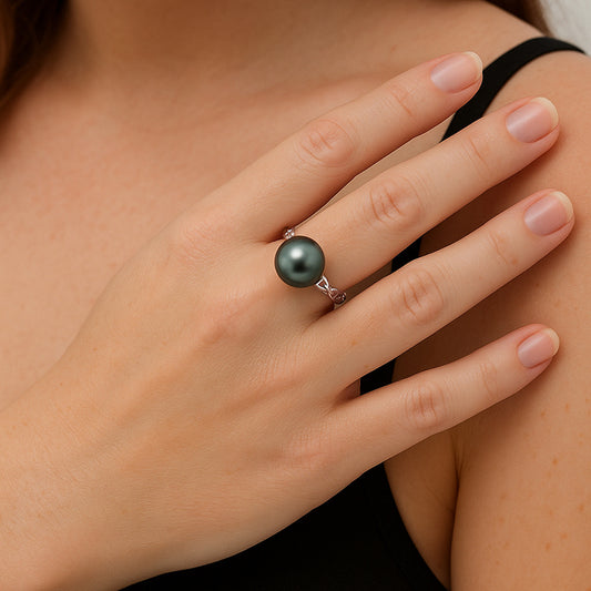 Black Freshwater Pearl Chain Band Ring S925 Sterling Silver Open Link