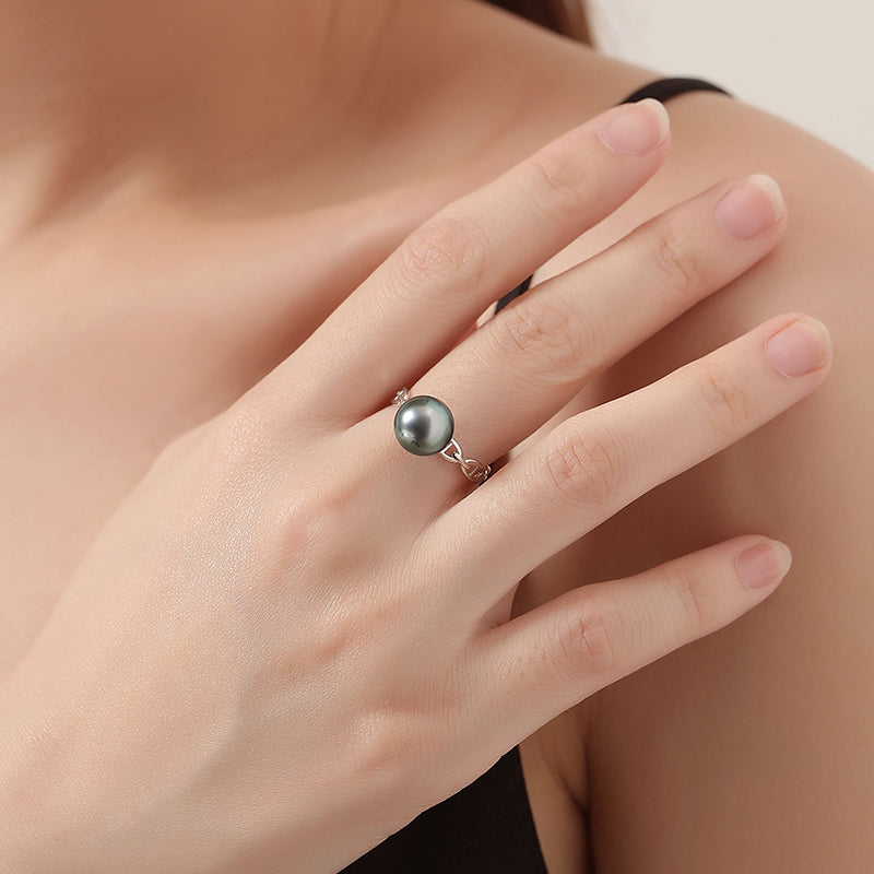 Black Freshwater Pearl Chain Band Ring S925 Sterling Silver Open Link