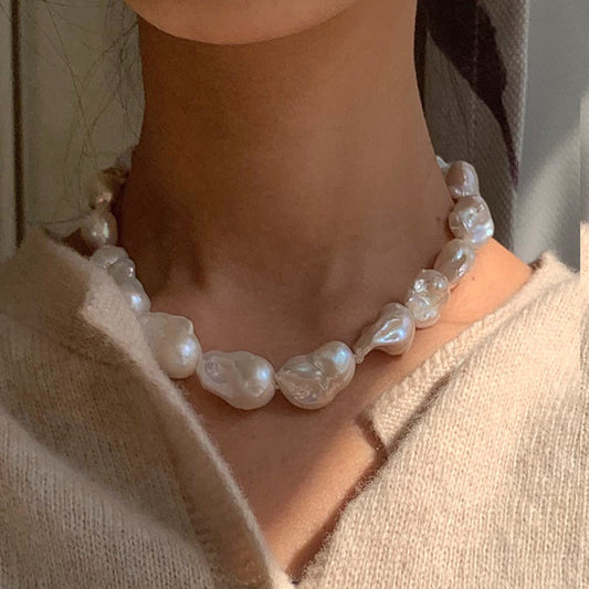 Vintage Boho 19-23mm Large Baroque Pearl Necklace Sterling Silver Clasp