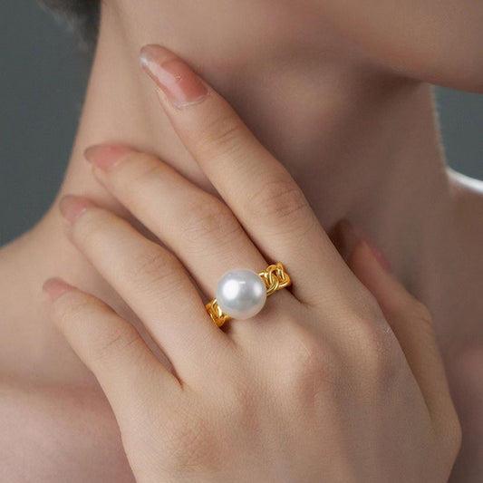 7.5-8mm White Freshwater Pearl Open Ring S925 Sterling Silver Chain Link