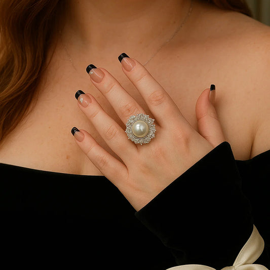 Luxury 14mm White Freshwater Pearl and Cultured Diamond Ring